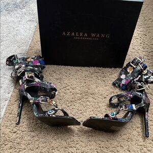 Azalea Wang Black Floral Strappy Heels